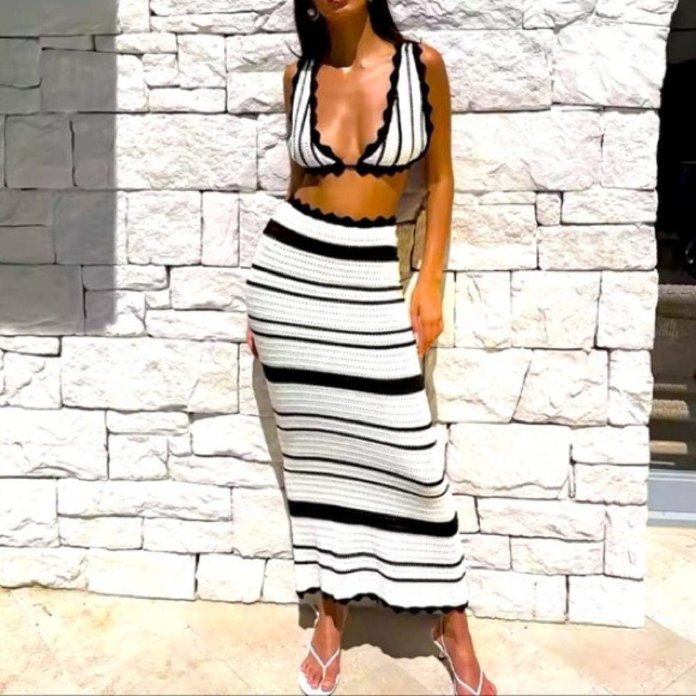 Black & White Striped Crochet Maxi Skirt